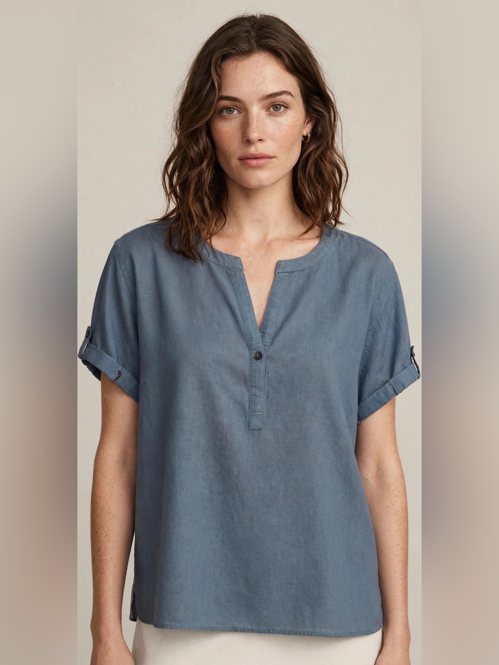 Eddie Bauer Steel Blue Short Sleeve Henley Blouse